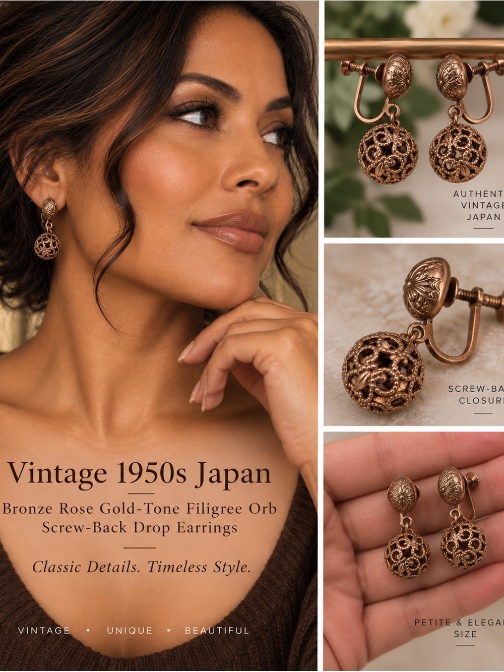 Vintage 1950s Japan Gold-Tone Filigree Orb Screw-Back Drop Earrings